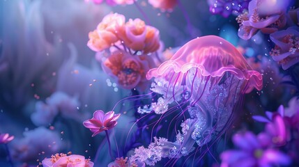 Fototapeta na wymiar Craft a hybrid mix of jellyfish and flowers their fusion creating a surreal floating bloom in the oceans depths