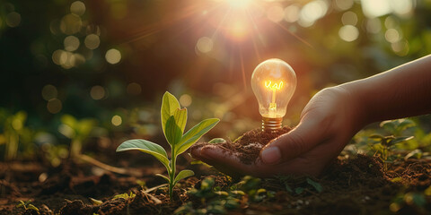 Hands holding a lightbulb growing from the soil to represent having an idea