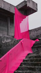 Create an image of a brutalist architectural marvel amidst apocalypse cloaked in a striking pink sheet for contrast