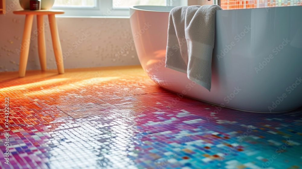 Poster a closeup shot of a handlaid mosaic tile floor in a vibrant color gradient creating a visually stunn