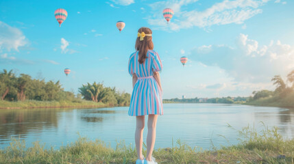 A pastel blue and pink striped buttondown shirt dress paired with white sneakers and a pastel yellow headband. The background is a peaceful riverbank with pastel colored hot