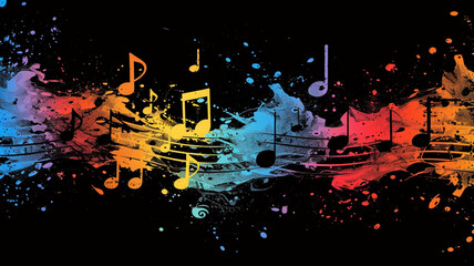An abstract fusion of music notes and vibrant splashes of color, creating a visually dynamic and energetic design perfect for a music-themed t-shirt. - obrazy, fototapety, plakaty