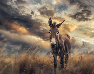 Zelfklevend Fotobehang A Resilient Donkey Trekking Across the Rugged Terrain of the Magnificent Mountains, Guided by the Echoes of Nature's Beauty © Taran