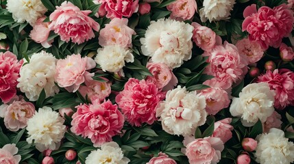 beautiful pink and white blooming peonies with green leaves background