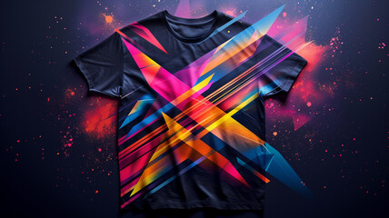 An abstract geometric composition featuring vibrant colors and sharp angles, creating a visually striking and modern design for a trendy t-shirt.