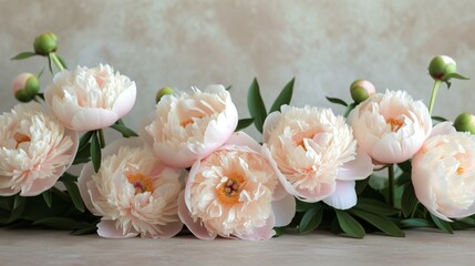 beautiful soft pink blooming peonies with green leaves on a pink background