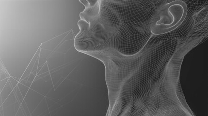 Digital Human Head Wireframe with Network Mesh Overlay