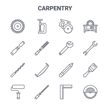 set of 16 carpentry concept vector line icons. 64x64 thin stroke icons such as clamp, chisel, spanner, pencil, rasp, miter saw, try square, wrench, saw tool