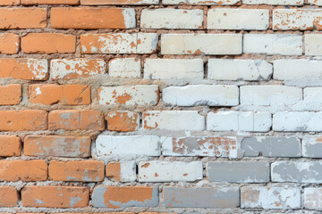 A close-up view of muted orange and white brick wall texture background, the uneven grid and surface depicted by the composition of  brickwork, stonework and concrete...