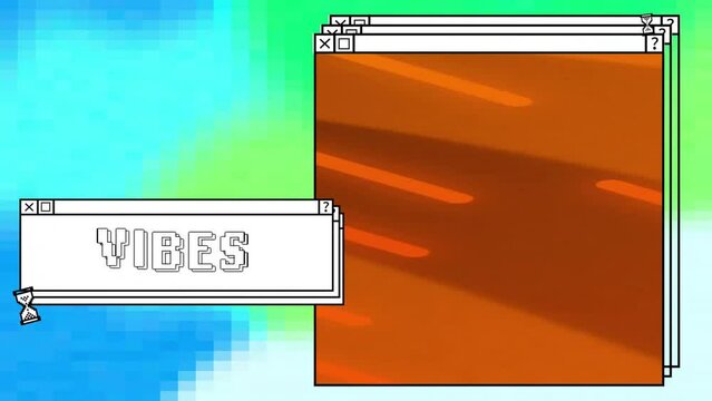 Animation of vibes text and computer window screens with neon pattern