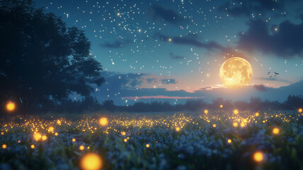 Delicate fireflies illuminating a moonlit meadow, a magical and enchanting scene captured on fabric. - obrazy, fototapety, plakaty