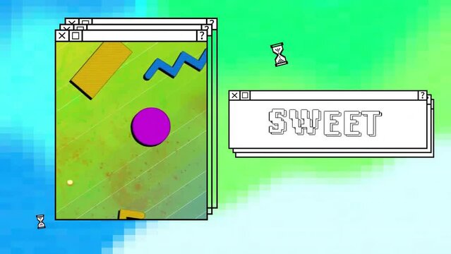 Animation of sweet text and computer window screens with neon pattern