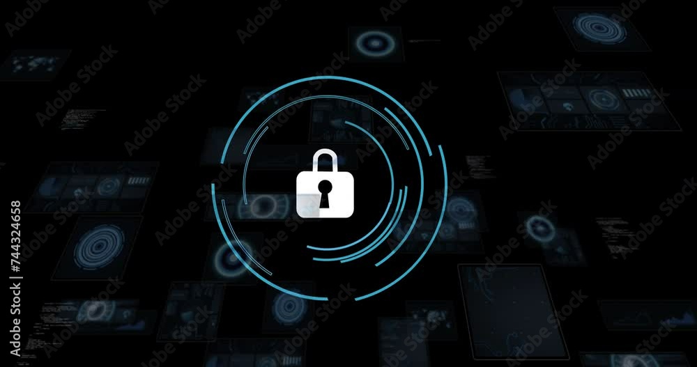Poster animation of padlock icon with scope and data processing