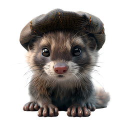 A whimsical 3D cartoon depiction of a curious ferret exploring with a tiny beret on its head.
