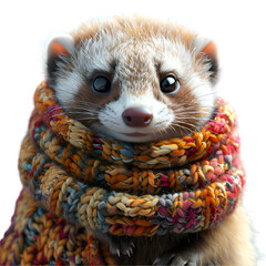 A 3D animated cartoon render of a smiling ferret with a stylish scarf.