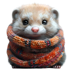 A 3D animated cartoon render of a cute ferret looking cozy in a warm scarf.