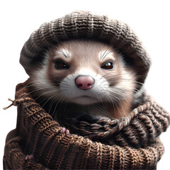 A cozy 3D cartoon render of a sleepy ferret snuggled up in a cozy beret.