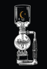 siphon coffee, Machine making delicious coffee engraving illustration