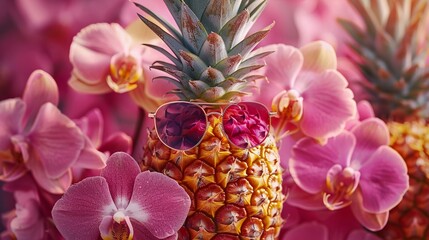 Tropical pineapple with sunglasses surrounded by orchid flowers