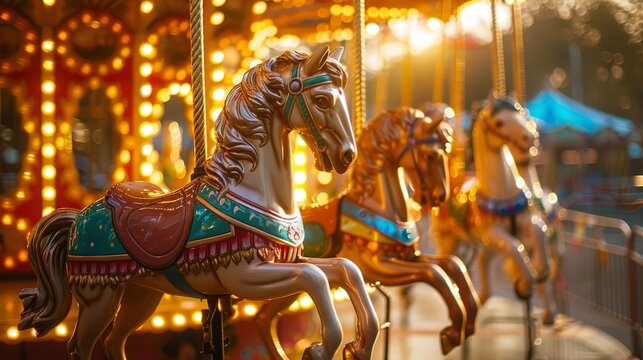 Brightly colored merry-go-round horses in a sunlit park with soft, dreamy background