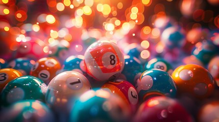 The dynamic scene captures lottery balls in motion, creating a sense of anticipation and celebration