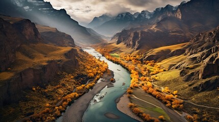 River winding through mountainous terrain from above