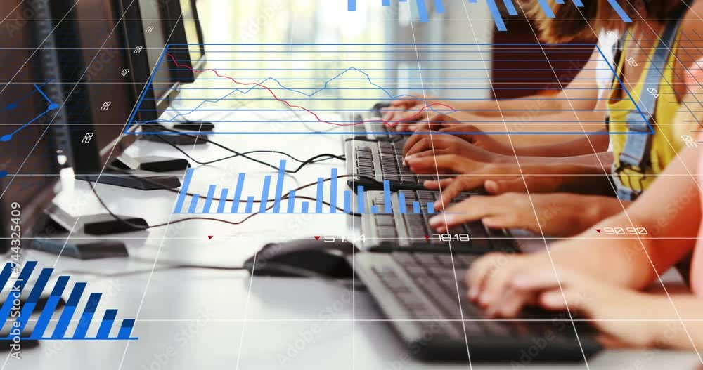 Poster animation of financial data processing over caucasian schoolchildren using computers