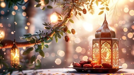 Ramadan Kareem greeting card, invitation. Plate with dates fruit, burning silver Moroccan, Arabic lantern and green branch on white table. Iftar dinner. Glittering lights. Eid ul Adha background - obrazy, fototapety, plakaty
