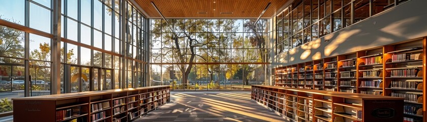 The golden hour brings a play of sunlight and shadows across the wooden interior of a contemporary library, creating a warm, inviting atmosphere.