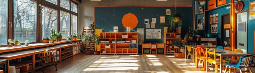 A cheerful classroom featuring bright colors, ample natural light, and educational materials, fostering an engaging learning environment.