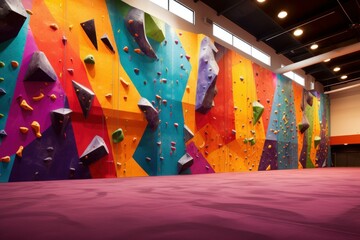 Child rock climbing indoor safety wall. Home fit safety adventure fun rope. Generate Ai - obrazy, fototapety, plakaty