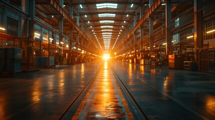 State-of-the-art manufacturing facility with precise engineering, under the glow of the sunset