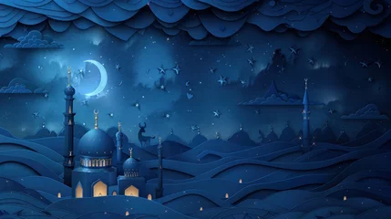 Fotobehang Eid Mubarak celebration card with mosque, crescent, dark blue, white, intricate cut-outs, bold lines, vibrant colors. © aldi