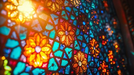 Stained glass window glowing with Eid Mubarak theme in vibrant colors