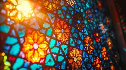 Crédence de cuisine en verre imprimé Coloré Stained glass window glowing with Eid Mubarak theme in vibrant colors