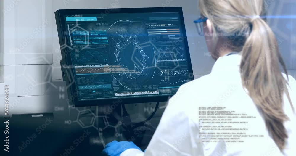 Poster animation of scientific data processing over caucasian female scientist using computer in laboratory