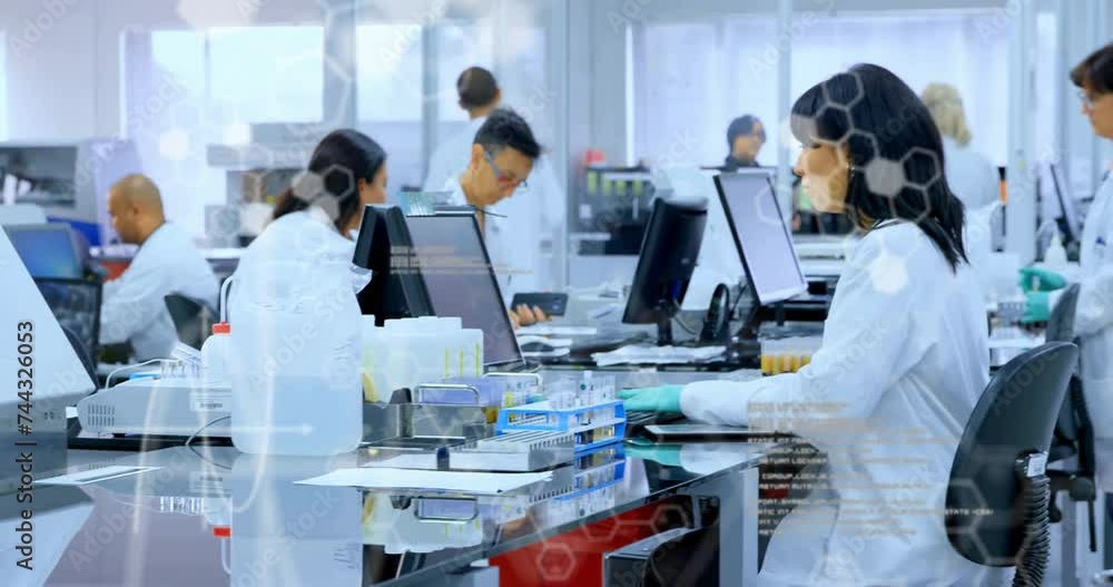 Poster animation of scientific data processing over diverse scientists in laboratory