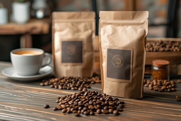 Two paper bags of artisan coffee beans with a cup of fresh brew, set on a wooden table in a cozy environment.