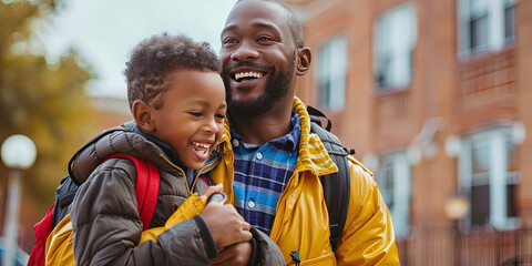African American black father walking his young son to school for his academic studies on the first day of learning