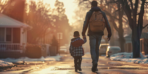 African American black father walking his young son to school for his academic studies on the first day of learning - obrazy, fototapety, plakaty