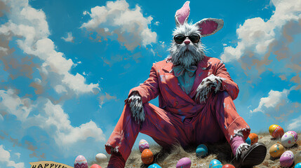 Eccentric and quirky Easter Bunny - Easter eggs - suit and glasses - extreme blue skies - idiosyncratic humor - a different take on the Easter bunny