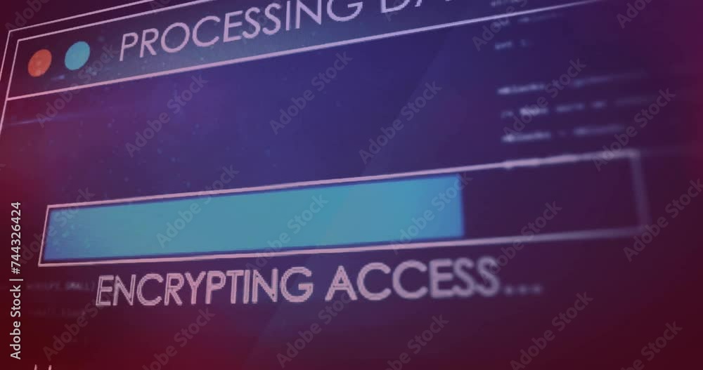 Poster animation of text and digital data processing over screen on blue background