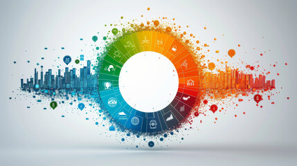 A colorful wheel graphic represents the various stages of the sustainable finance journey from raising awareness and understanding to taking action and measuring impact. Each