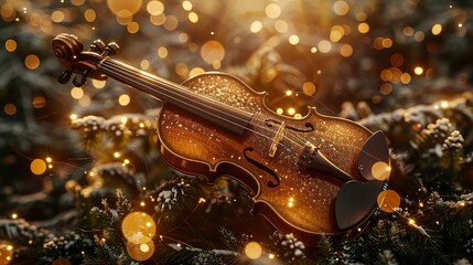 Classic fiddle nestled among pine needles, stars and hearts