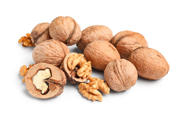 Natural walnuts on white background
