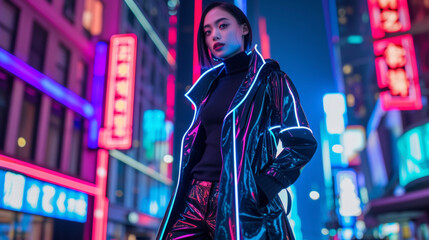 Obraz premium A futuristic take on the classic trench coat with a reflective material and neon piping. Paired with a black turtleneck and vinyl pants this look screams cyberpunk while standing