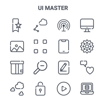 set of 16 ui master concept vector line icons. 64x64 thin stroke icons such as share, picture, gear, edit, unlock, list, play, mobile phone, monitor