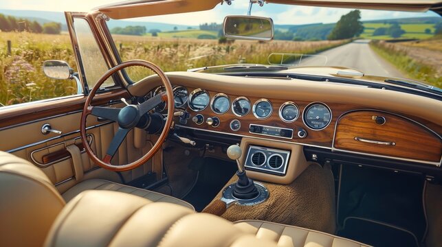 Classic Car Interior With Polished Wooden Dashboard And Cream Leather Seats In An Open Road Countryside Setting