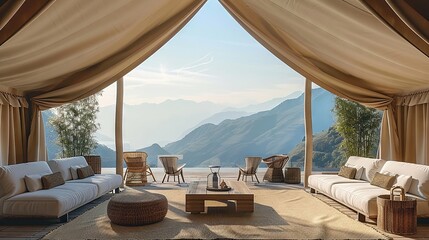 Peaceful high-end tent arrangement overlooking a serene mountainous horizon - obrazy, fototapety, plakaty