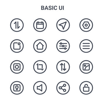 set of 16 basic ui concept vector line icons. 64x64 thin stroke icons such as calendar, notification, menu, exchange, volume, lock, share, adjust, setting